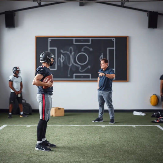 Quarterback and coach discussing a defensive read with a clear diagram in the background