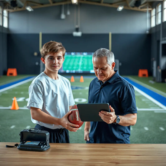 Quarterback holding a football while a coach reviews analytics on a tablet in a training facility