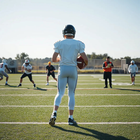 Quarterback holding the ball during decision-making training while a defense lineup closes in