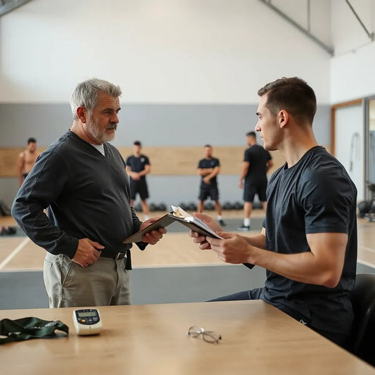 Coach and athlete reviewing goals and progress during training in a clean gym setting