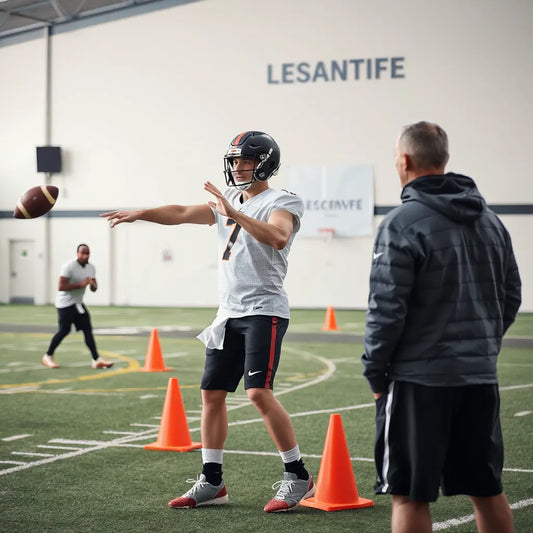 Quarterback training with a coach and targets in an indoor facility