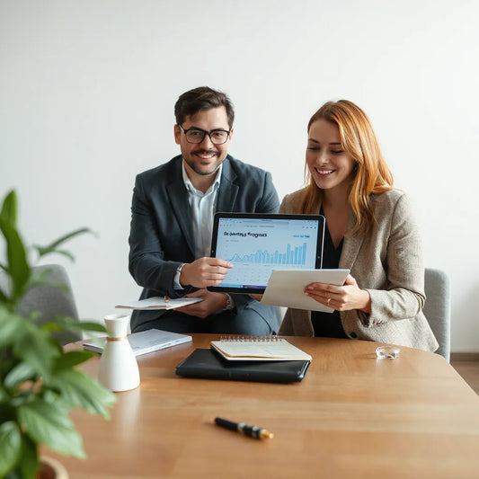 Coach reviewing notes with a client while a tablet shows a generic progress dashboard