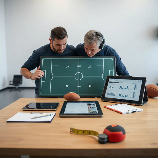 Quarterback and coach review practice planning on a tablet and diagram board in a training facility