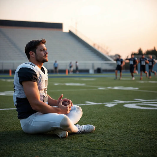 Quarterback sitting calmly during pre-practice mental preparation on a football field at dusk