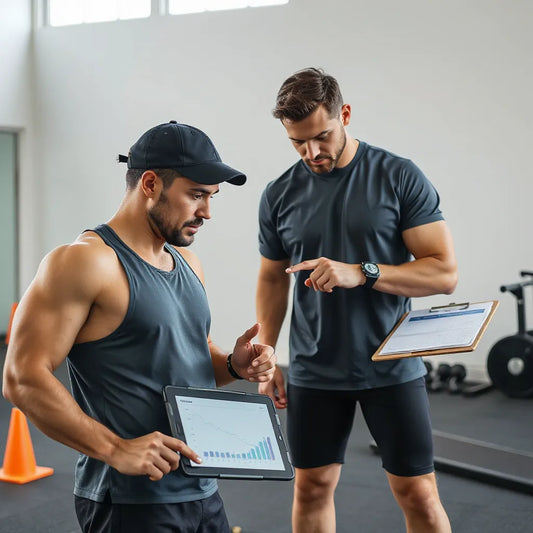 Athlete reviewing performance graphs on a tablet while a coach points to training progress.