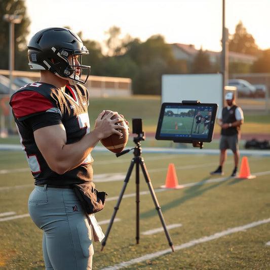 Quarterback throwing during practice with a coach and tablet showing training visuals