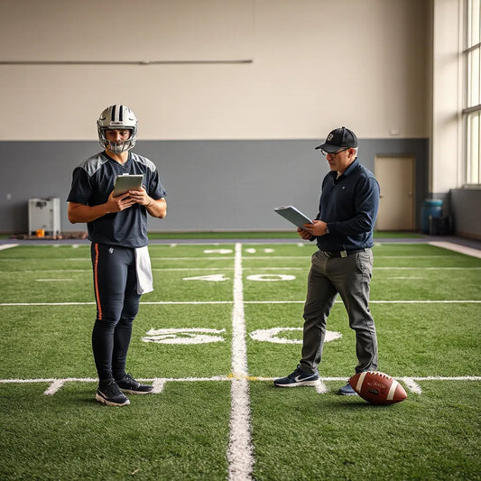 Quarterback and coach reviewing performance notes with a tablet during evaluation practice