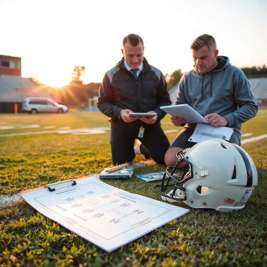Coaches review quarterback training plans on a tablet beside a football helmet near a field